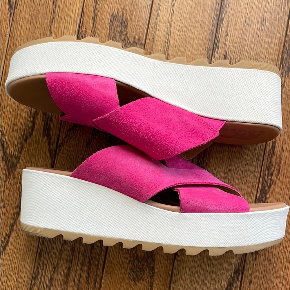 SOREL Pink Suede Platform Sandals 10 - Picture 2 of 10